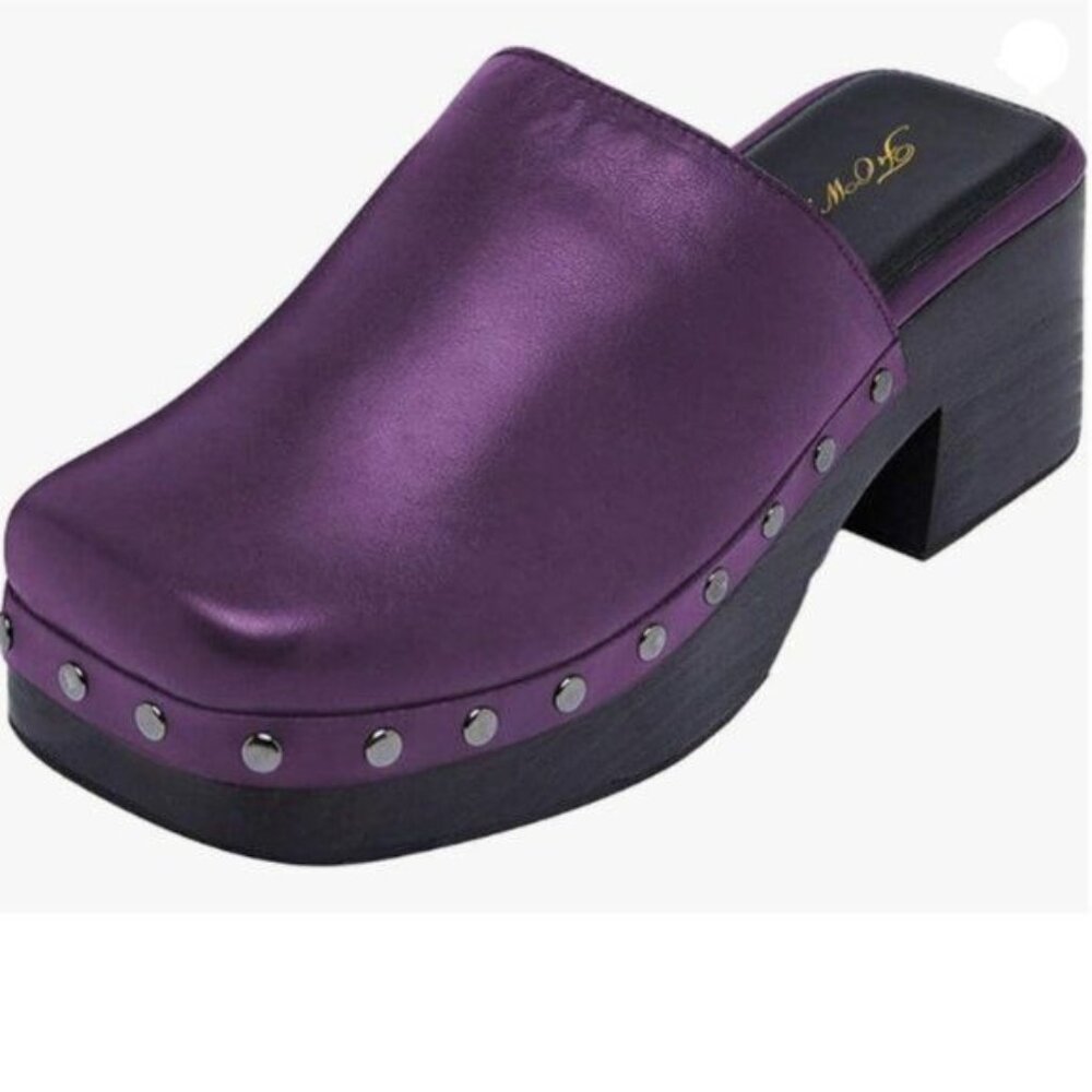 FOWT Women Square Toe Slip on  Rivet Studded Chunky Mid Heel Slippers Purple